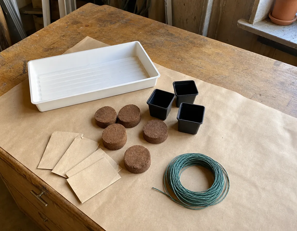 Delarna i ett odlingskit utlagda på packpapper på en arbetsbänk